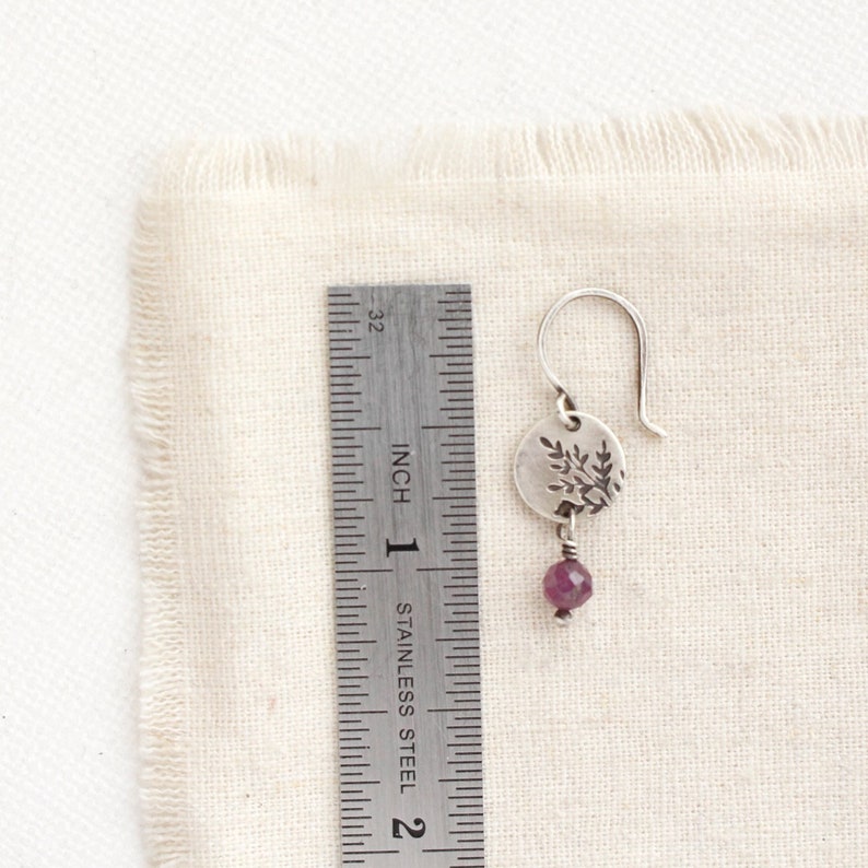 Mini Sprout Purple Ruby Dangle Earrings, Rustic Dainty Silver & Gemstone Earrings, Genuine Ruby Earrings, Little Leaf Earrings, Handmade image 3