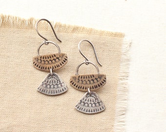 Asmi Bronze & Silver Mixed Duo Stamped Earrings, Bohemian Mixed Metal Statement Earrings, Lightweight Sterling Silver Earrings