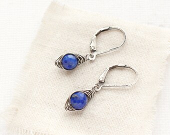 Perfect Wrap Lapis Earrings, Dainty Lightweight Lapis Lazuli Earrings, Blue Gemstone Earrings, Handmade Silver Earrings