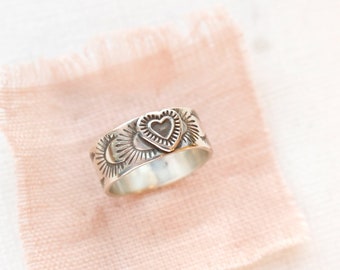 Layered Heart Stamped Band Ring, Cute Stacking Ring, Southwest Style Silver Band Ring, Stacking Ring, Love, Valentine's Ring, Anniversary