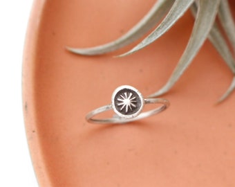 Southwest Sunburst Stacking Silver Ring, Silver Sun Stacker Ring, Handmade Southwest Ring, Western Style, Oxidized Silver Skinny Ring