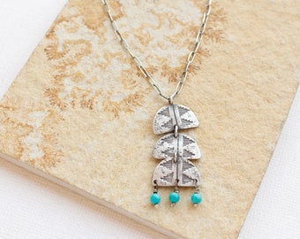 Pakal Trio Turquoise Dangle Necklace, Sterling Silver Tribal Inspired Southwest Turquoise Necklace, Tribal Stamped Pendant Necklace