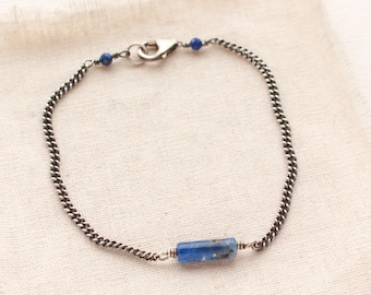 Sydney Lapis Bracelet, Edgy Curb Chain Bracelet, Sterling Silver Stacking Bracelet, Genuine Lapis Lazuli Bracelet, Handmade