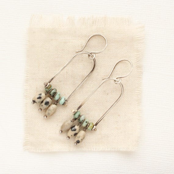 Pinned Dune Arch Earrings, Unique Gemstone Hoop Earrings, Long Earrings, Southwest Earrings, Western Style, Turquoise & Jasper Earrings