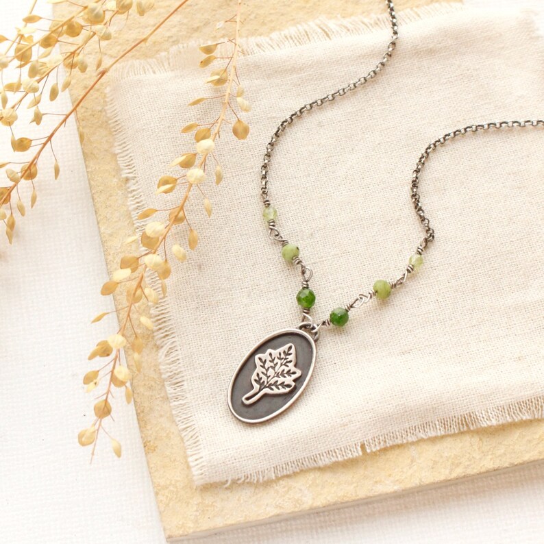 Layered Sprout Jade Necklace, Earthy Sterling Silver Layering Necklace, Stamped Leaves, Green Gemstone Necklace, Handmade Silver Necklace image 1