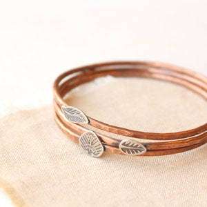 Hammered Copper Bangles with Stamped Silver Elements, Stacked Copper Bangles, Mixed Metal Bangles, Rustic Copper Bracelets Set of 3