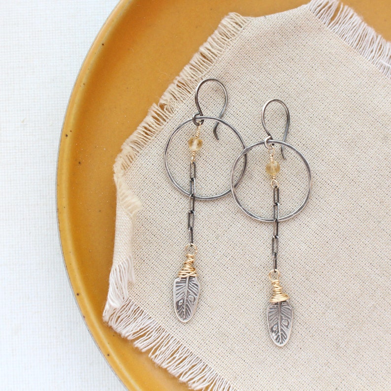 Long Feather & Citrine Hoop Earrings image 2