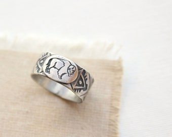 Buffalo Stamped Silver Ring, Wide Band Ring, Southwest Ring