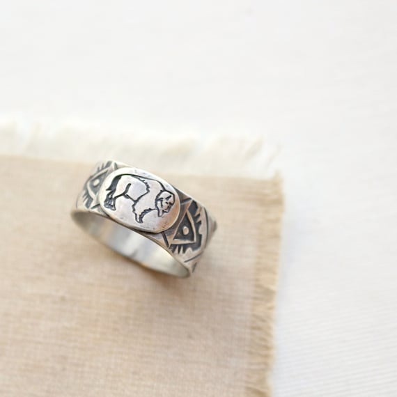 Buffalo Stamped Silver Ring, Wide Band Ring, Unique Southwest Style Ring, Western Band Ring, Bestselling Ring, Buffalo Jewelry, Unique Ring