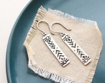 Sun Bar Earrings, Sterling Silver Stamped Tribal Bar Earrings, Southwest Stamped Earrings, Bohemian Silver Earrings, Everyday Earrings