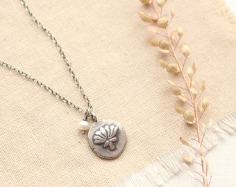 Rustic Lotus Charm & Pearl Oxidized Silver Necklace