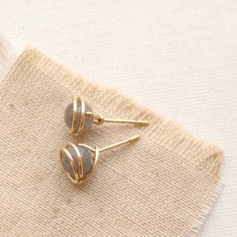 Wrapped Labradorite Gold Post Earrings, Gold Filled Wrapped Stone Studs, Genuine Labradorite Everyday Gold Post Earrings, Gifts For Her image 4