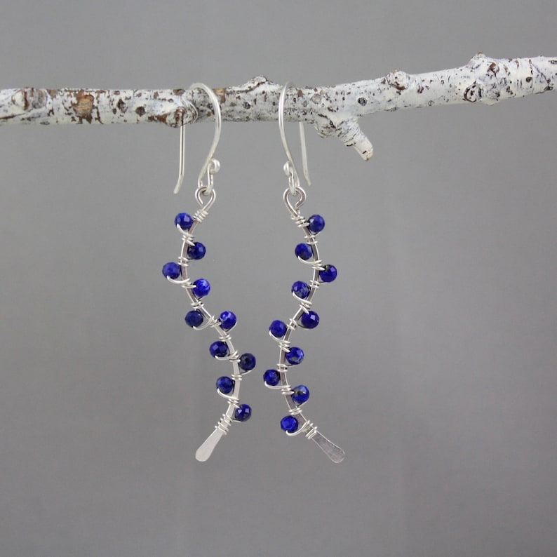 Lapis Lazuli Wrapped Silver Vine Earrings Dangle Delicate Blue Stone