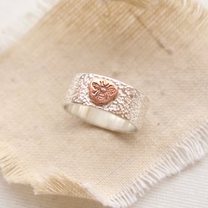 Copper Bee & Textured Silver Ring, Mixed Metal Wide Band Ring, Stamped Bee Ring, Unique Hammered Band Ring