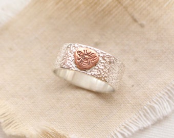 Copper Bee & Textured Silver Ring, Mixed Metal Wide Band Ring, Stamped Bee Ring