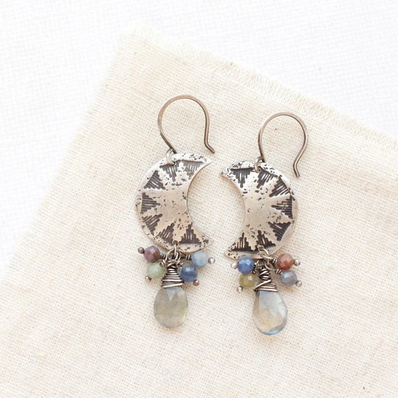 Pakal Moon Sapphire & Labradorite Cluster Earrings, Sterling Silver Celestial Earrings, Flashy Labradorite and Colorful Sapphire Earrings image 1