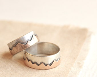 Bronze & Silver Mountain Range Ring, Layered Wide Band Mountain Ring, Western Style Ring, Unique Mixed Metal Ring, Rocky Mountain Ring