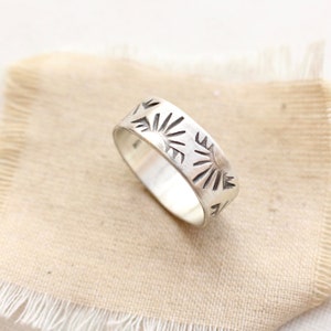 Sunrise Hawk Unisex Silver Band Ring, Unique Handmade Southwest Sterling Silver Band Ring, Western Style, Stamped Unisex Ring