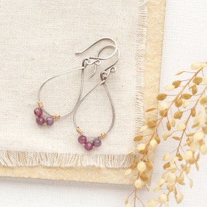 Purple Ruby Wrapped Teardrop Hoop Earrings, Unique Mixed Metal Earrings, Gemstone Hoop Earrings, Delicate Lightweight Hoop Earrings image 2