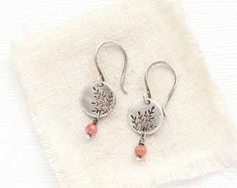 Mini Sprout Rhodonite Dangle Earrings, Dainty Pink Gemstone Earrings, Unique Leaf Earrings, Lightweight Silver Earrings, Pink Earrings