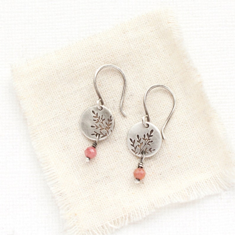 Mini Sprout Rhodonite Dangle Earrings, Dainty Pink Gemstone Earrings, Unique Leaf Earrings, Lightweight Silver Earrings, Pink Earrings image 1