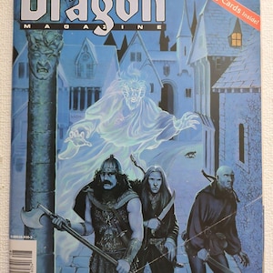以下が含まれることがあります： 青を基調とした表紙のDragon Magazine 160号。雪の降る街の広場に立つ3人のファンタジーキャラクターが描かれている。彼らの頭上には半透明の幽霊が浮かび、左側には顔が彫られた石柱が立っている。
