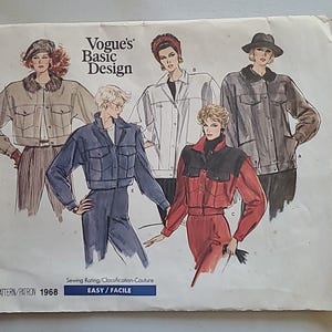 May include: A vintage Vogue's Basic Design sewing pattern featuring illustrations of cropped jackets and matching pantsuits. The pattern includes designs in various colors, including beige, navy, white, gray, and red. The sewing rating is Easy.