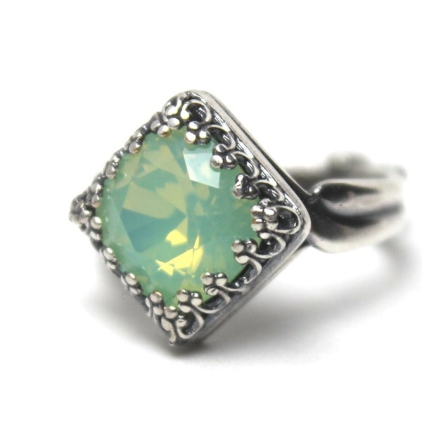 Swarovski Crystal Cocktail Ring Bold Chrysolite Opal Mint Green Milk Glass Seaglass Choose Finish Sparkle Adjustable One Size Fits All Fall