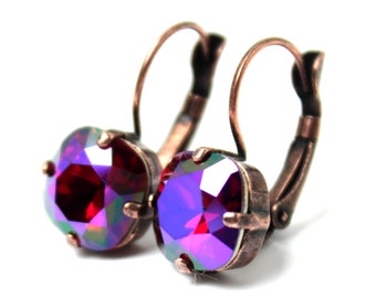 Hot Magenta Pink Crystal Drop Earrings Classic Sparkling Indian Ruby Purple Fuchsia Solitaire Swarovski Dark Oxidized Gunmetal Gold Matt