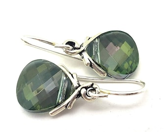 Moss Green Crystal Earrings Swarovski Envy Kelly Flat Briolette Drops Sterling Silver Petite Dangle RARE Classic Teardrop May Birthstone