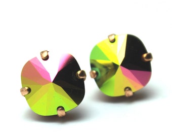 Rainbow Crystal Stud Earrings Classic Sparkling Mediun Vitrail Peacock Blue Lemon Lime Pink Purple Solitaire Swarovski Sterling Post Copper