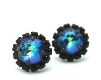 Bermuda Bue & Jet Swarovski Crystal Stud Earrings Classic Sparkling Noir Finish Solitaire Pave Circle Outlined Dot Bright Sapphire Cobalt