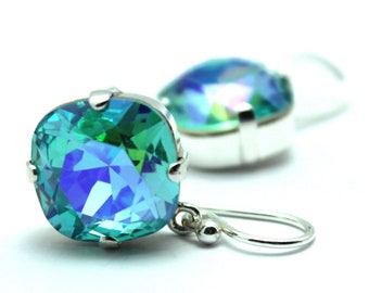 Turquoise Glacier Crystal Dangle Earrings Sparkling Solitaire Swarovski 12mm 10mm Drop Sterling Silver Gold Aquamarine Aqua Teal Blue