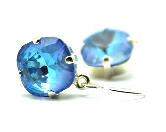 Ocean Delite Crystal Dangle Earrings Classic Sparkling Bright Soft Sky Baby Solitaire Swarovski Dangle Sterling Silver 14k Rose Gold Filled