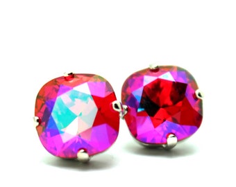 Hot Magenta Pink Crystal Stud Earrings Classic Red Sparkling Siam Cerise Solitaire Neon Swarovski 10mm Sterling Post Copper Women's Jewelry