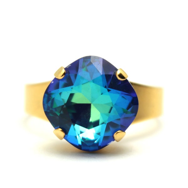 Deep Teal Swarovski Crystal Cocktail Ring Turquoise Ultra Marine AB Blue Green Diamond Sparkle Solitaire You Choose Finish Square Beach Gold