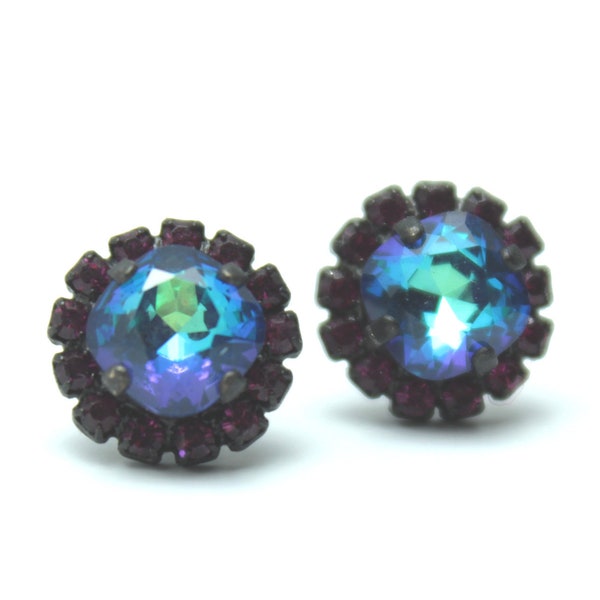 Swarovski Crystal Circlet Stud Earrings Crown Sparkling Pave Dot Bermuda Blue Luminous Green Black Setting Magenta Victorian Gothic Vampire