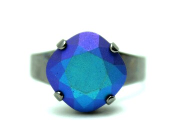 Cobalt Blue Swarovski Crystal Cocktail Ring Jet Pastel Frosted Metallic Sea Glass Mermaid Sparkle Solitaire You Choose Finish Square Beach