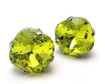 Citrus Green Crystal Stud Earrings Classic Sparkling Chartreuse Bright Neon Solitaire Austrian 10mm 12mm Sterling Silver Post Gold Copper