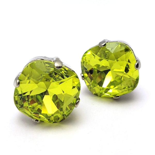 Citrus Green Crystal Stud Earrings Classic Sparkling Chartreuse Bright Neon Solitaire Austrian 10mm 12mm Sterling Silver Post Gold Copper