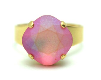 Bight Pink Ring Swarovski Crystal Cocktail Ring Matte Pastel Frosted Diamond Sparkle Solitaire You Choose Finish Square Watermelon Rainbow