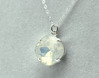 White Opal Crystal Necklace Classic Sparkling Solitaire Swarovski Sterling Delicate Drop Simple Teardrop Seafoam Seaglass Opalized Moonstone