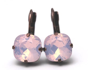 Pink Opal Crystal Drop Earrings Classic Sparkling Mauve Blush Rose Country Chic Solitaire Swarovski Dark Oxidized Genmetal Gold Opalized