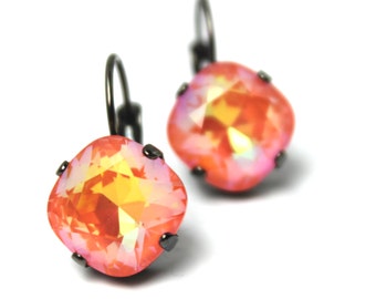 Bright Orange Crystal Drop Earrings Classic Tropical Sparklers Solitaire Swarovski Dark Oxidized Gunmetal Gold Tangerine Opaque Rainbow Hot