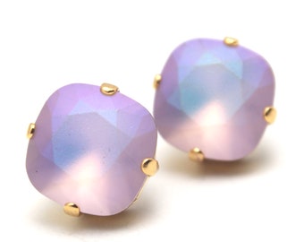 Matte Amethyst Purple Crystal Stud Earrings Light Pastel Pink Solitaire Swarovski 10mm 12mm Sterling Silver Post & Copper Violet Tulip Glow