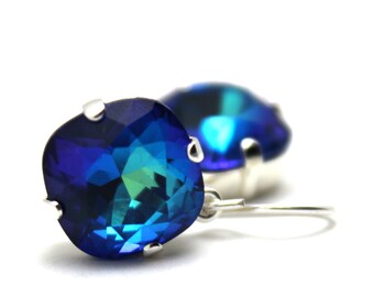 Cobalt Crystal Dangle Earrings Purple Ultra Marine AB Celestial Solitaire Swarovski 12mm 10mm Drop Sterling Silver Gold Beachy Mermaid Night