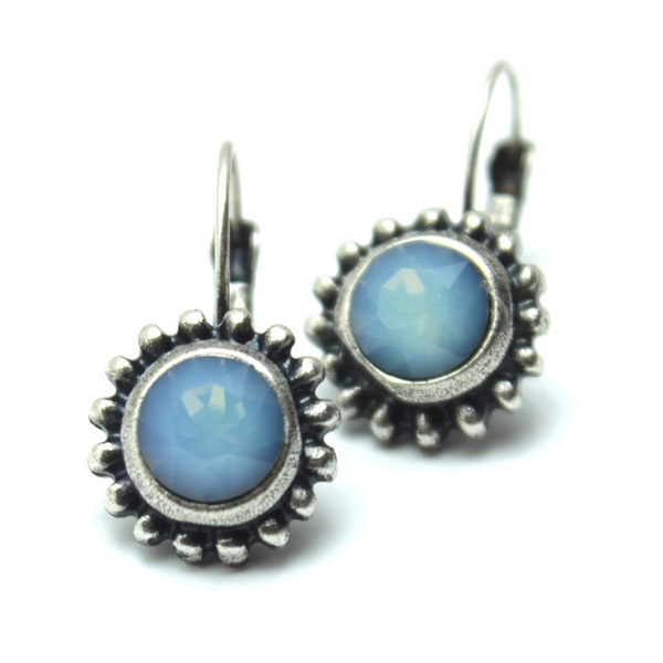 Sky Blue Opal Drop Earrings Classic Swarovski Crystal Periwinkle Cornflower Southwestern Pointelle Dots Border Oxidized Silver Leverback