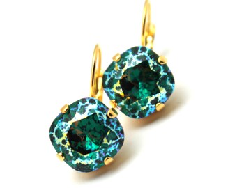 Emerald Green Patina Crystal Drop Earrings Classic Sparkling May Birthstone Bottle Swarovski 10mm 12mm Dk Oxidized Gunmetal Finish Shamrock