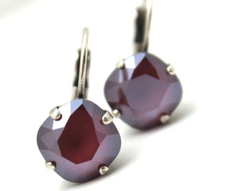 Dark Red Crystal Drop Earrings Classic Opaque Merlot Ruby Wine Leverback Solitaire Swarovski Deep Oxidized Genmetal Gold Matt Rose Lacquer