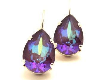 Bright Royal Purple Crystal Teardrop Earrings Classic Sparkling Aubergine Grape Solitaire Swarovski 13x18mm Eggplant Autumn Fall Indigo